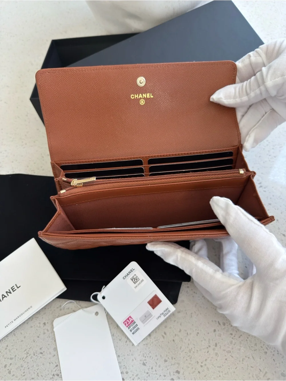 CHANEL Quilted Caviar Leather Wallet in Cognac Brown with Gold CC